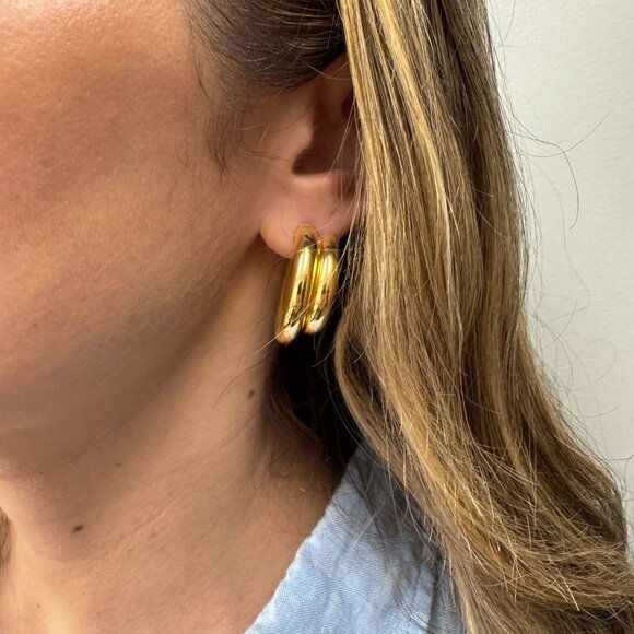 Double Hoop Chunky Gold Earrings - Textured 14K Gold Over Sterling Silver - Picture 5 of 5